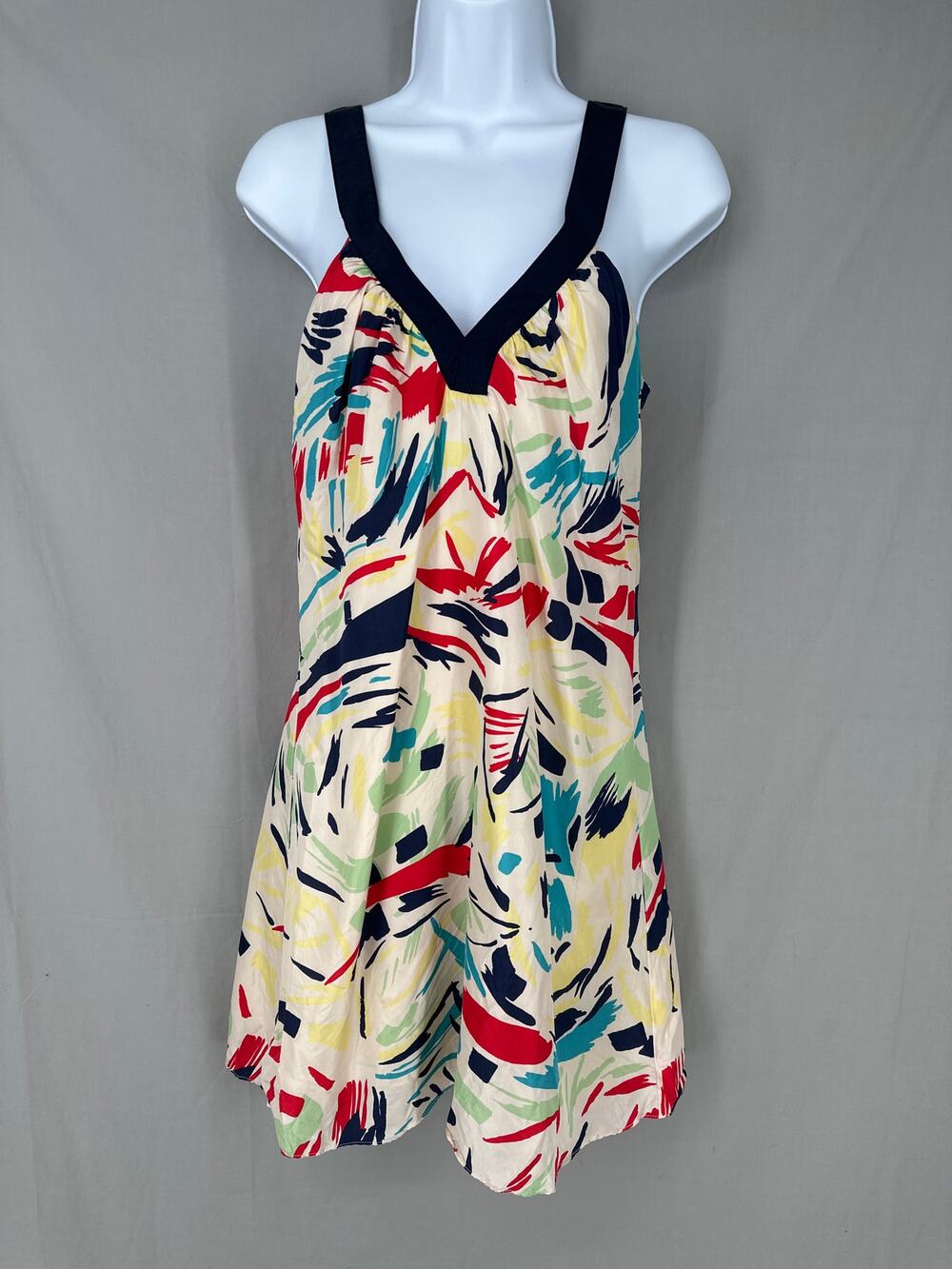 Graham Spencer Anthropologie Dress Small Navy Blue Red Mini Colorful Silk Y2K
